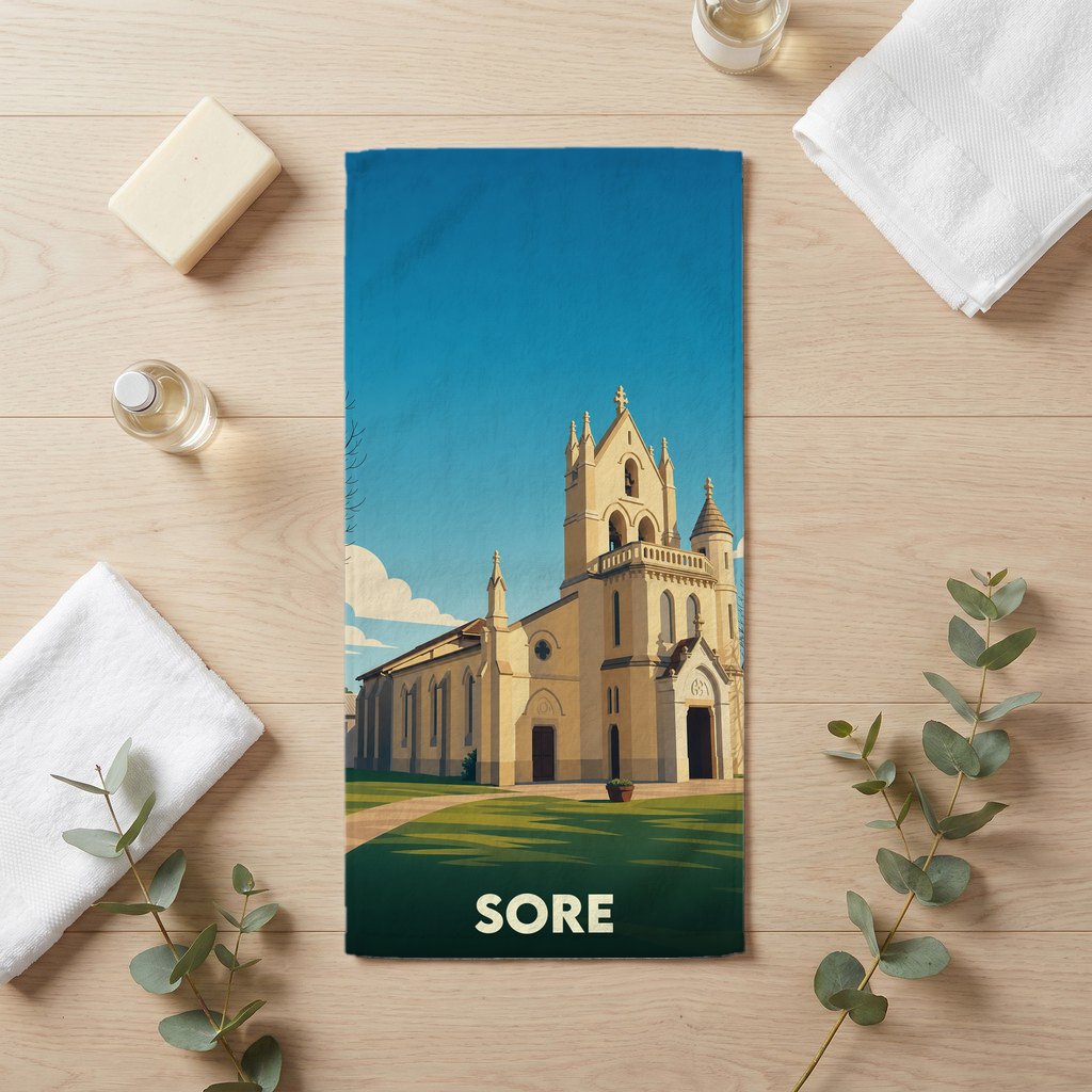 Serviette de bain souvenir de la ville de Sore avec une illustration stylisée d'église.