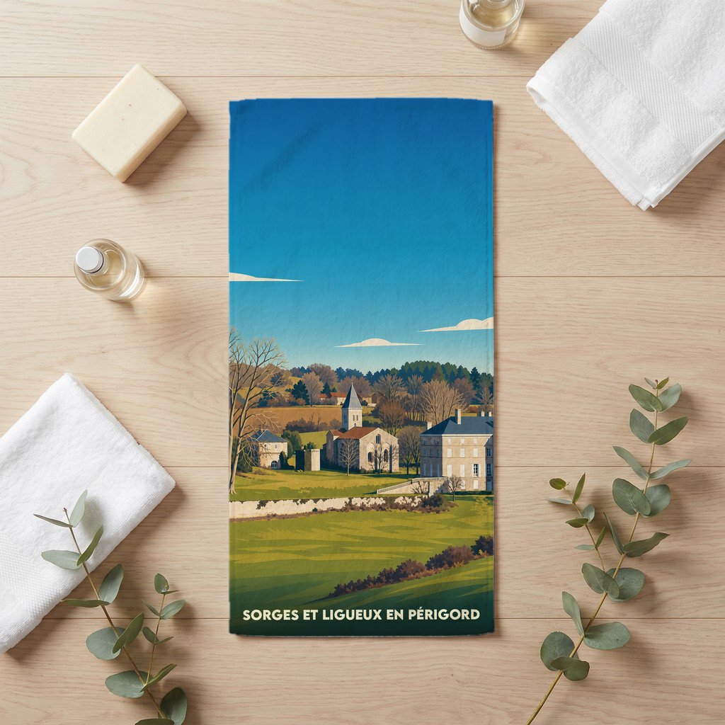 Serviette de bain souvenir de Sorges et Ligueux en Périgord avec une illustration de paysage champêtre.