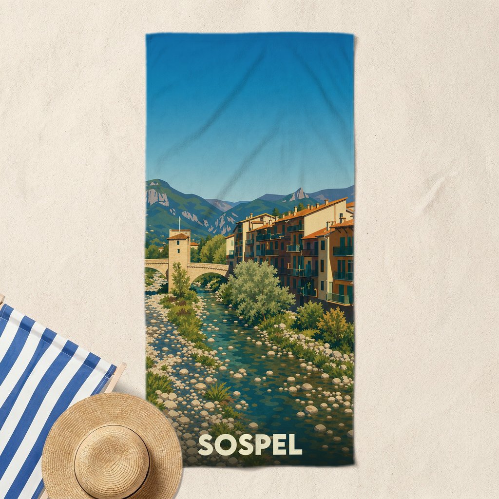 Serviette de bain souvenir de la ville de Sospel avec une illustration stylisée de son pont médiéval et de ses montagnes.