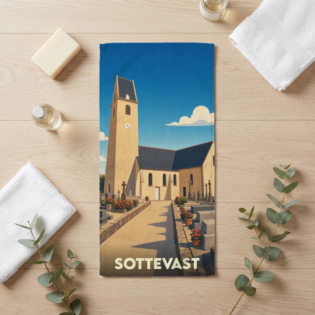 Serviette de bain souvenir de la ville de Sottevast avec une illustration stylisée d'une église et son cimetière.
