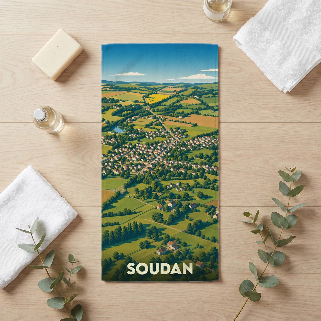 Serviette de bain souvenir de la ville de Soudan avec une illustration paysagère stylisée.