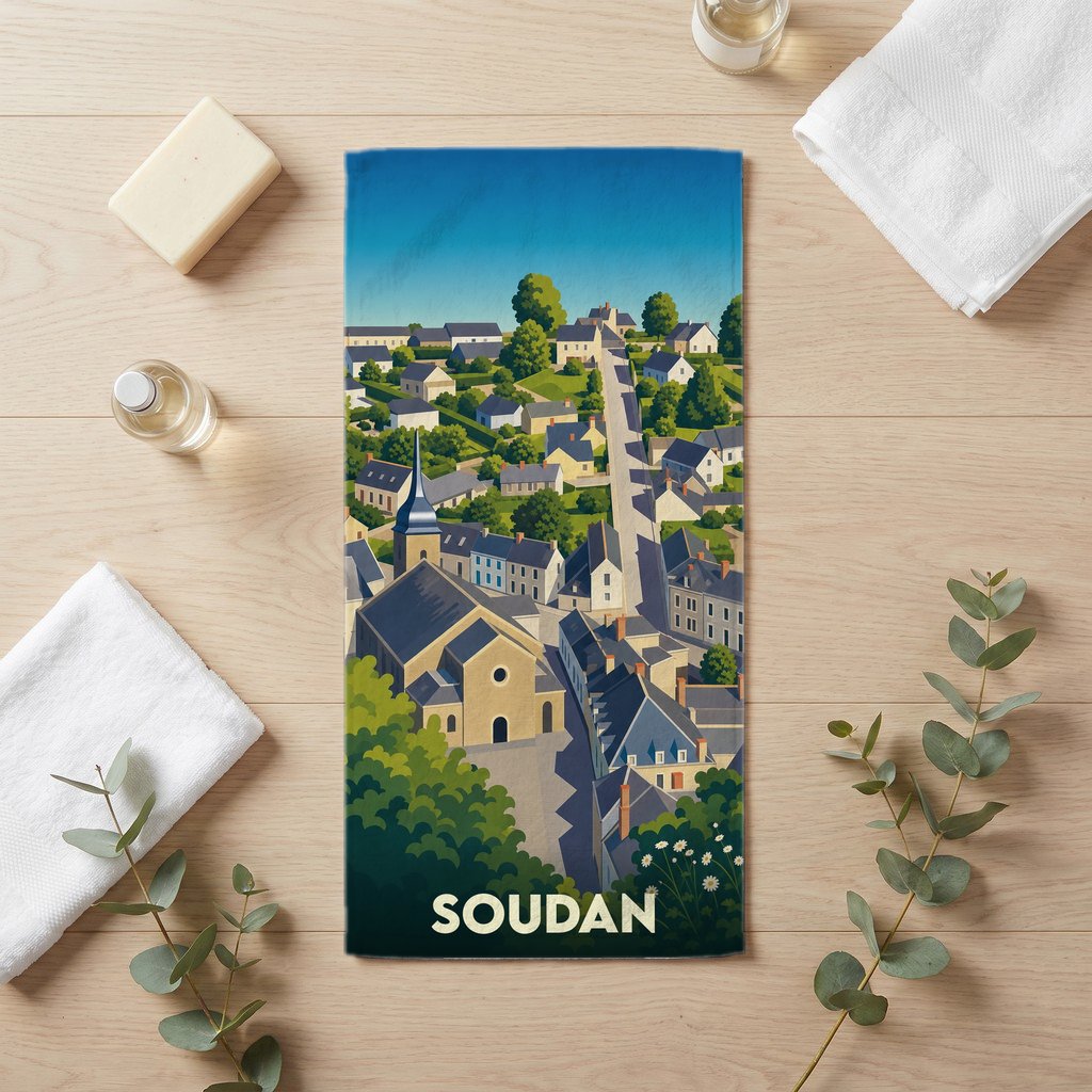 Serviette de bain souvenir de la ville de Soudan avec une illustration stylisée.