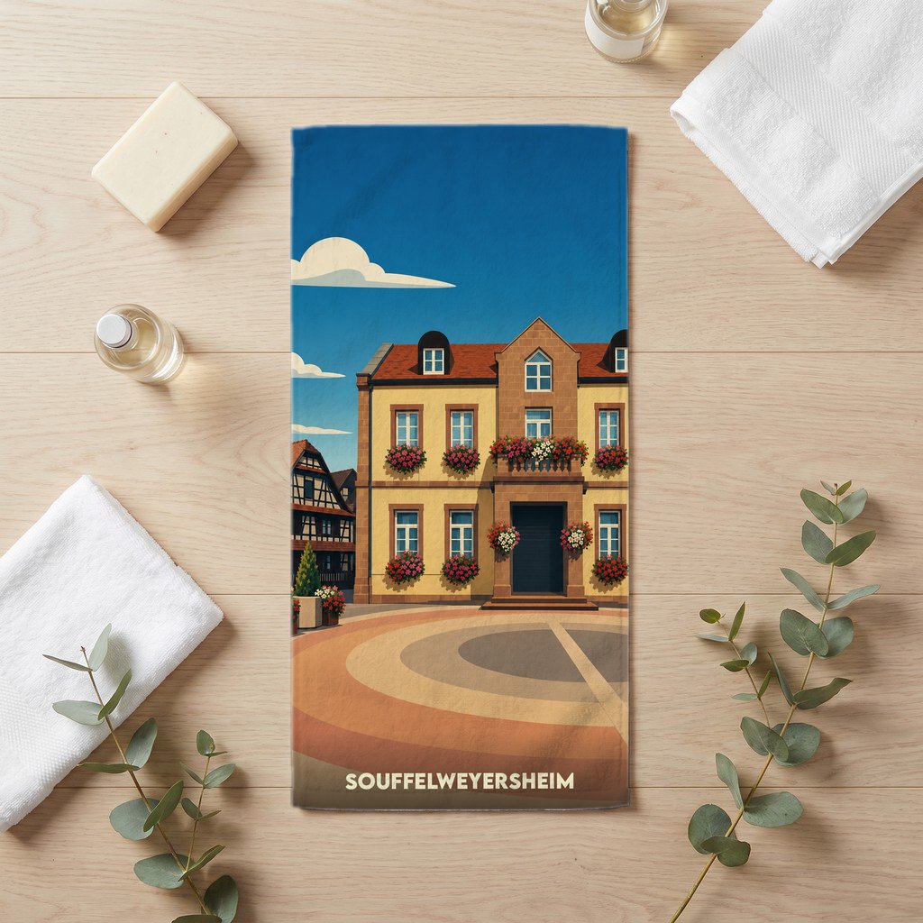 Serviette de bain souvenir de Souffelweyersheim ornée d'une illustration stylisée de la mairie fleurie.