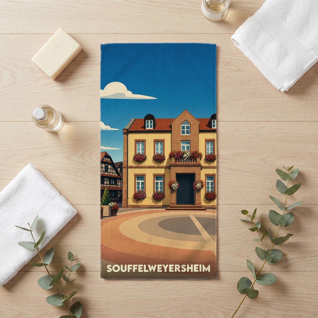 Serviette de bain souvenir de Souffelweyersheim ornée d'une illustration stylisée de la mairie fleurie.