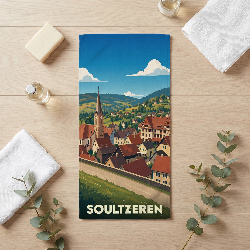 Serviette de bain souvenir de la ville de Soultzeren ornée d'une illustration de paysage de montagne.