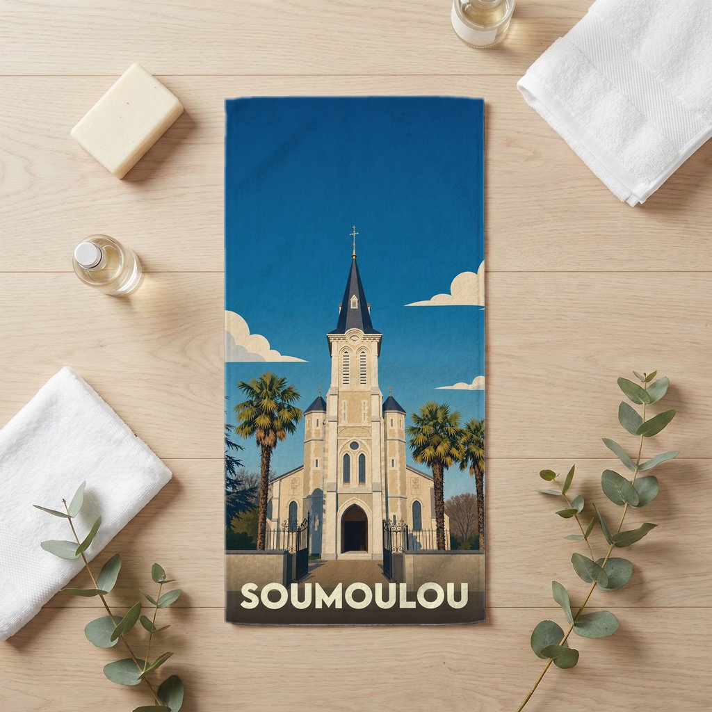 Serviette de bain souvenir de la ville de Soumoulou avec une illustration stylisée de son église.