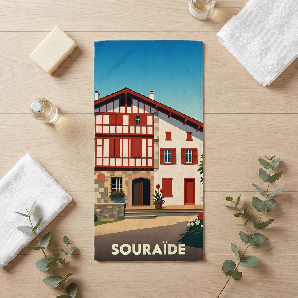 Serviette de bain souvenir de la ville de Souraïde illustrant une maison basque traditionnelle.