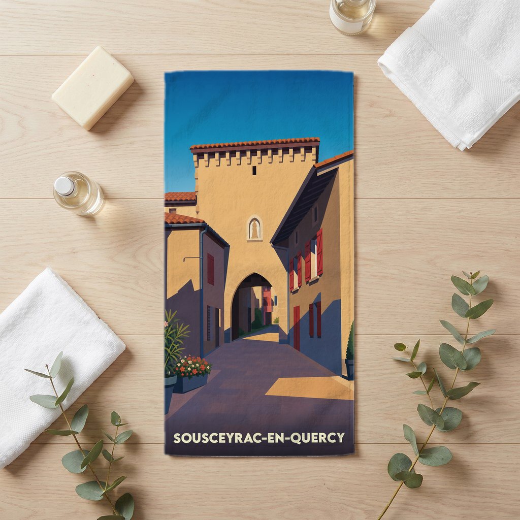 Serviette de bain souvenir de Sousceyrac-en-Quercy avec une illustration stylisée de ses rues historiques.
