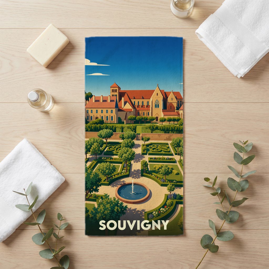 Serviette de bain souvenir de la ville de Souvigny ornée d'une illustration stylisée de son prieuré et de ses jardins.