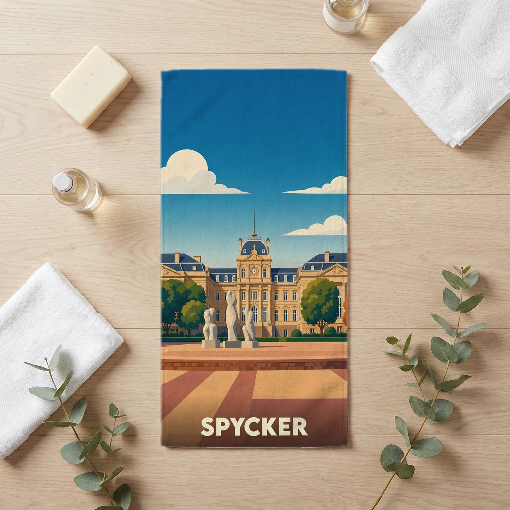 Serviette de bain souvenir de la ville de Spycker avec une illustration stylisée.