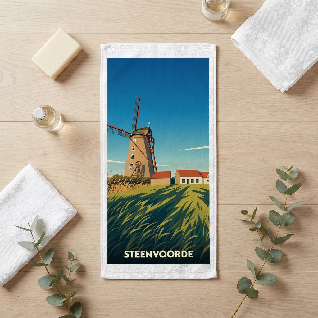 Serviette de bain souvenir de la ville de Steenvoorde avec une illustration stylisée d'un moulin.