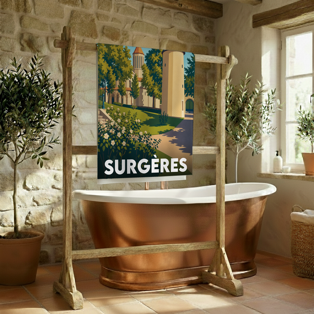 Serviette de bain souvenir de la ville de Surgères avec une illustration stylisée.