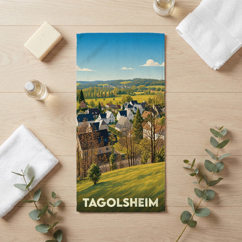 Serviette de bain souvenir de la ville de Tagolsheim avec une illustration stylisée de son paysage vallonné.