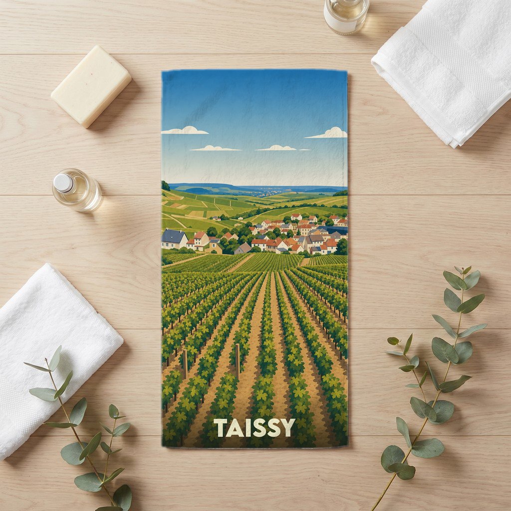 Serviette de bain souvenir de la ville de Taissy illustrée de vignobles et de maisons de village.