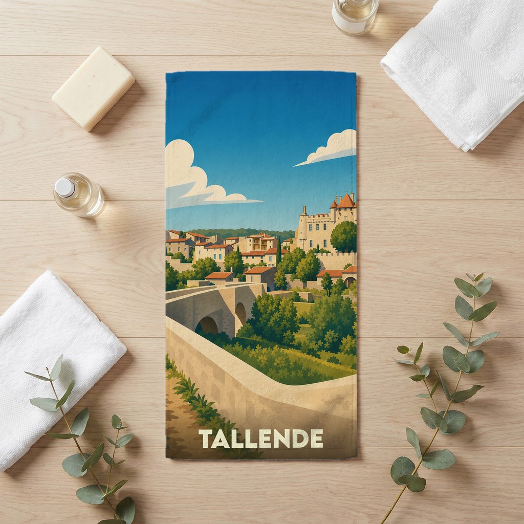 Serviette de bain souvenir de la ville de Tallende avec une illustration stylisée de son pont et de son château.