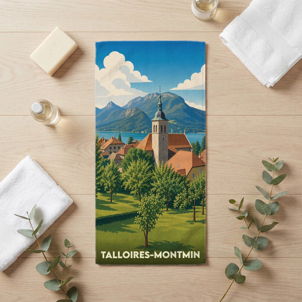 Serviette de bain souvenir de Talloires-Montmin illustrée d'un paysage de montagne et de lac.