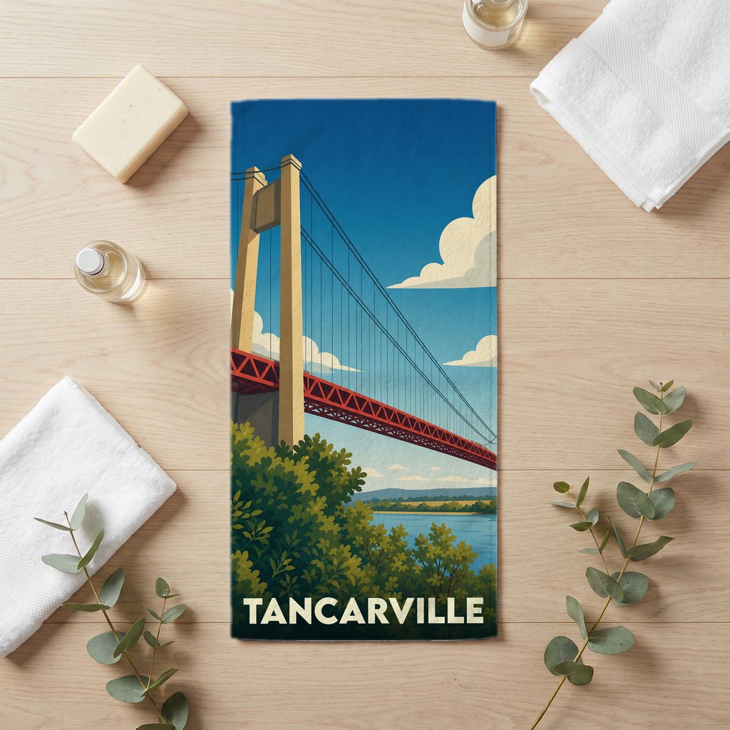 Serviette de bain souvenir de la ville de Tancarville avec une illustration stylisée de son pont suspendu.