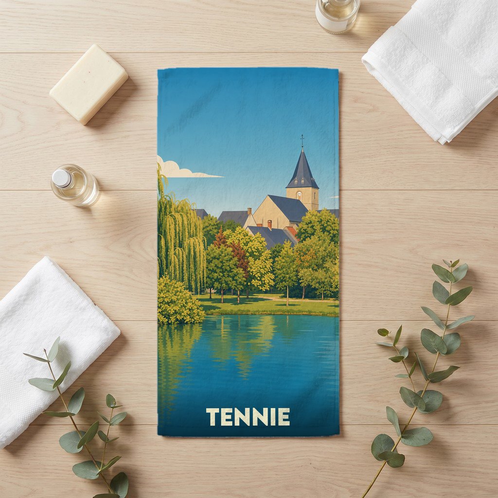 Serviette souvenir de la ville de Tennie avec une illustration stylisée d'un paysage lacustre.