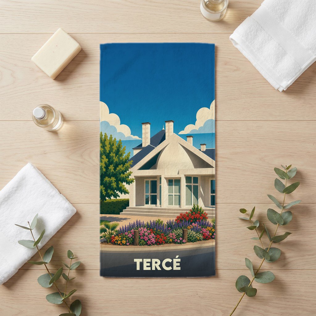Serviette de bain souvenir de la ville de Tercé avec une illustration stylisée.