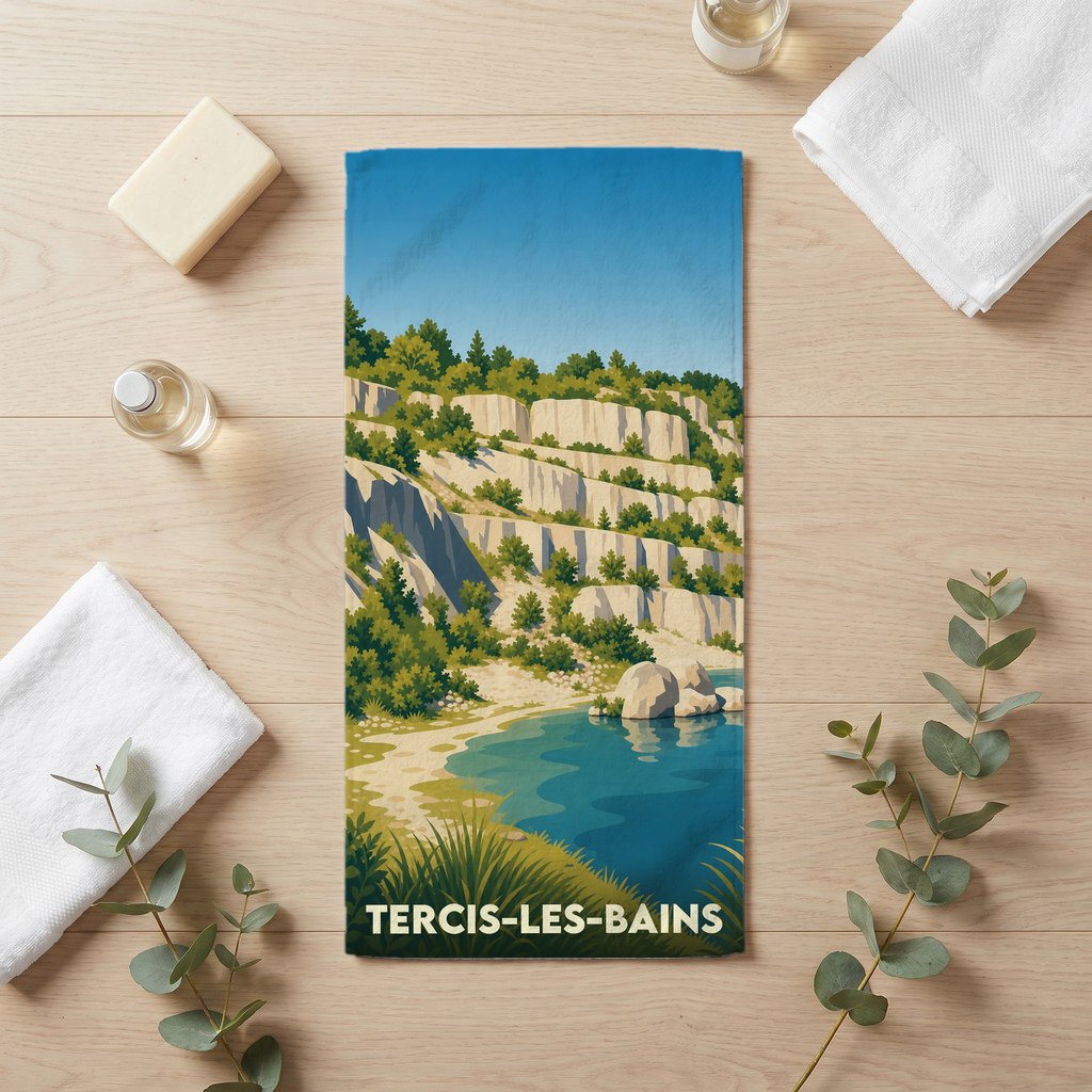 Serviette de bain souvenir de la ville de Tercis-les-Bains avec une illustration stylisée de ses falaises et de son plan d'eau.