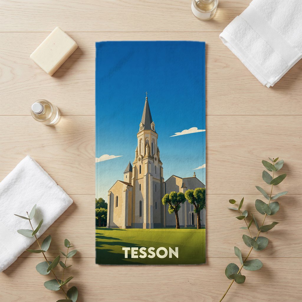 Serviette de bain souvenir de la ville de Tesson avec une illustration stylisée de son église.