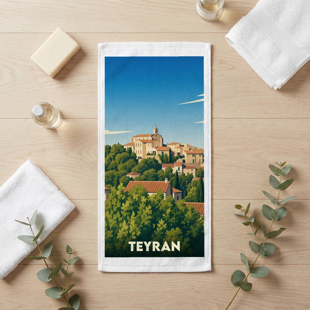 Serviette de bain souvenir de la ville de Teyran avec une illustration stylisée.