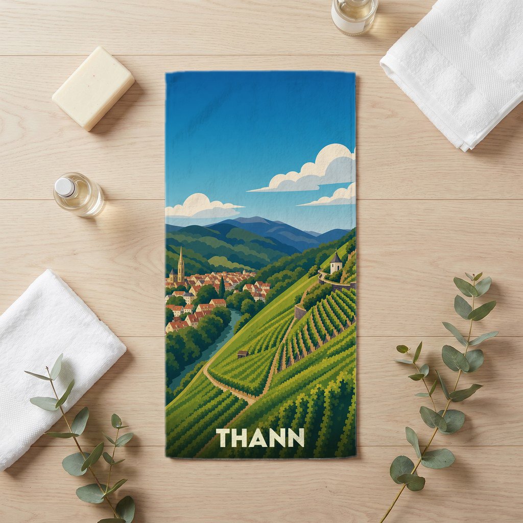 Serviette de bain souvenir de la ville de Thann avec une illustration stylisée de ses vignobles et de son centre historique.