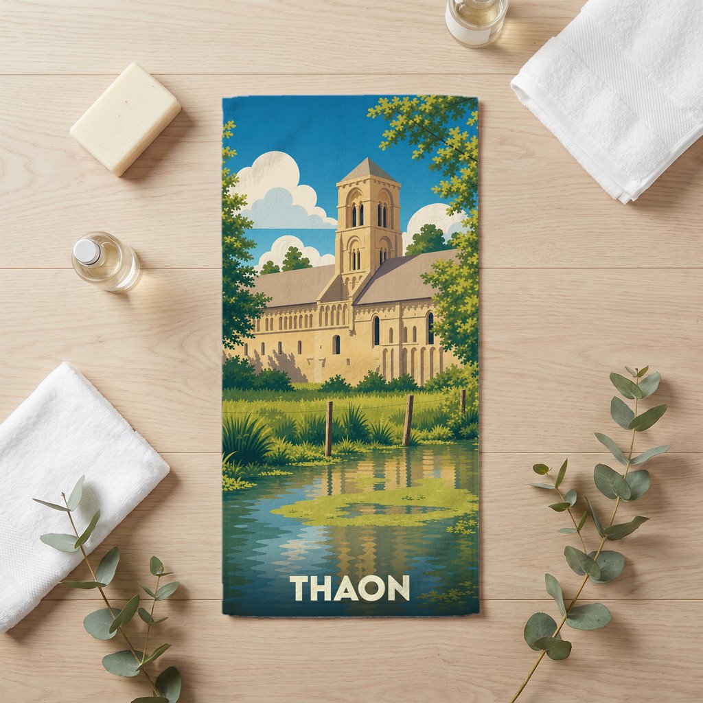 Serviette de bain souvenir de la ville de Thaon illustrant son église historique au bord de l'eau.