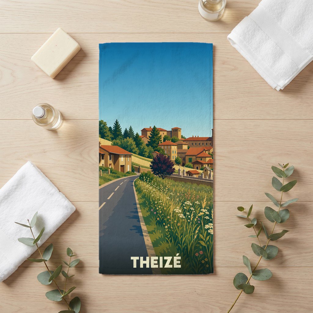 Serviette de bain souvenir de la ville de Theizé avec une illustration stylisée de son paysage vallonné.
