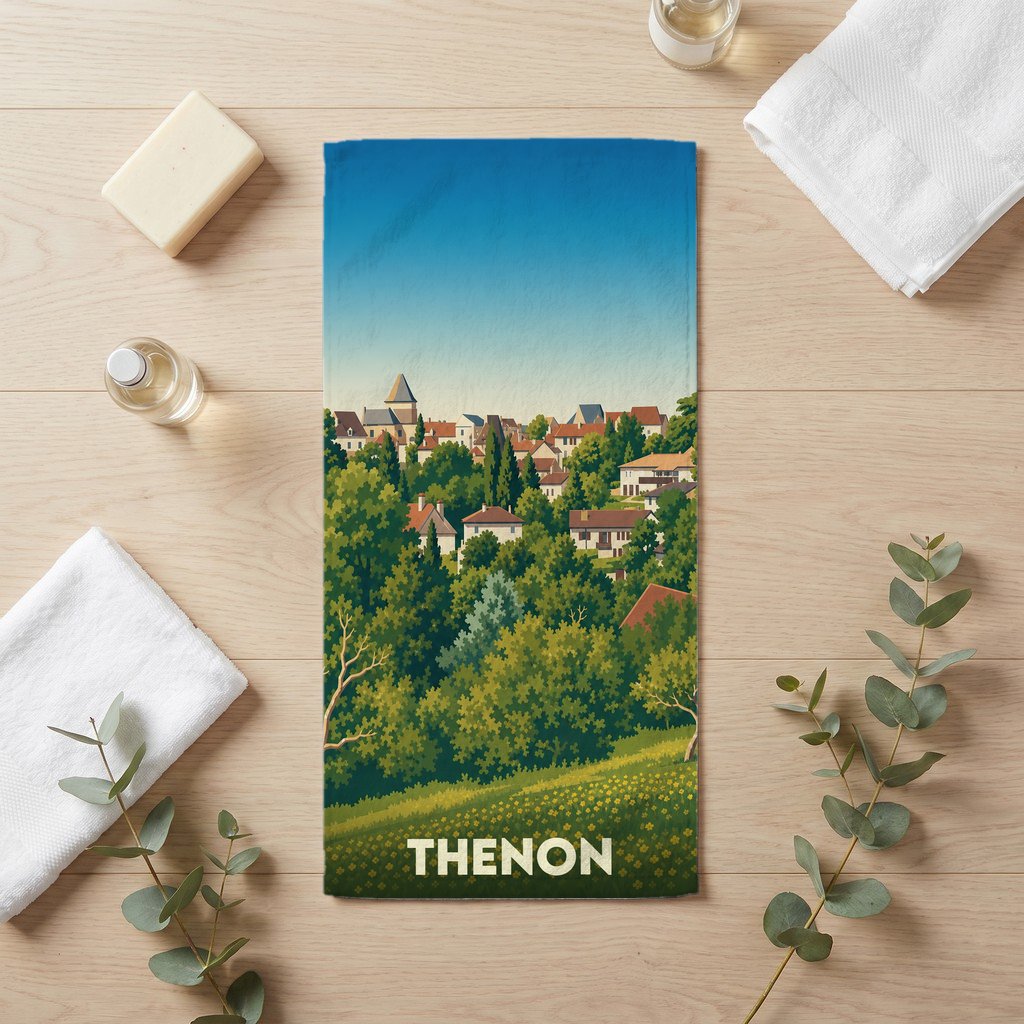 Serviette de bain souvenir de la ville de Thenon avec une illustration stylisée de son paysage urbain verdoyant.