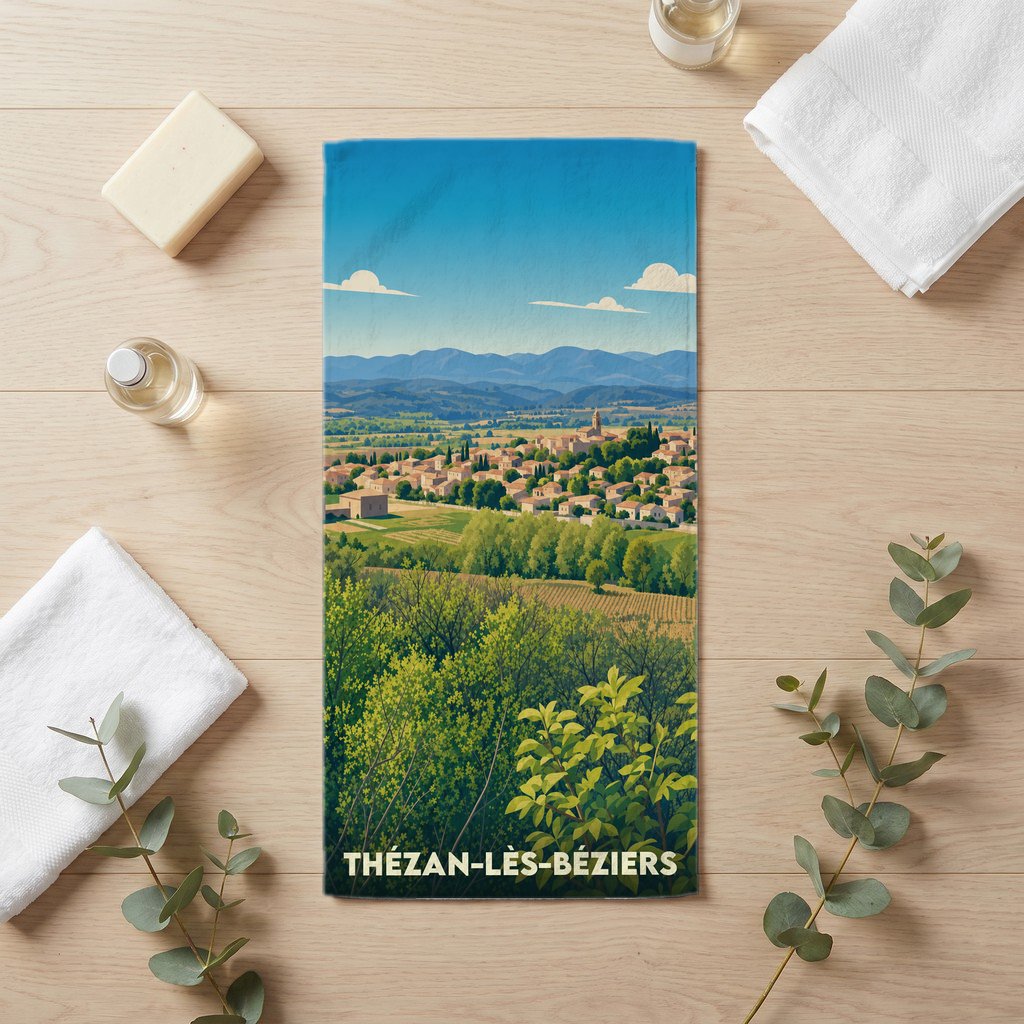 Serviette de bain souvenir de Thézan-lès-Béziers avec une illustration stylisée de la ville et de ses paysages.