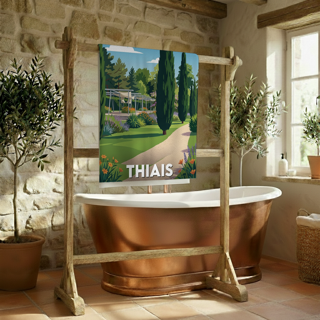 Serviette de bain souvenir de la ville de Thiais avec une illustration stylisée.