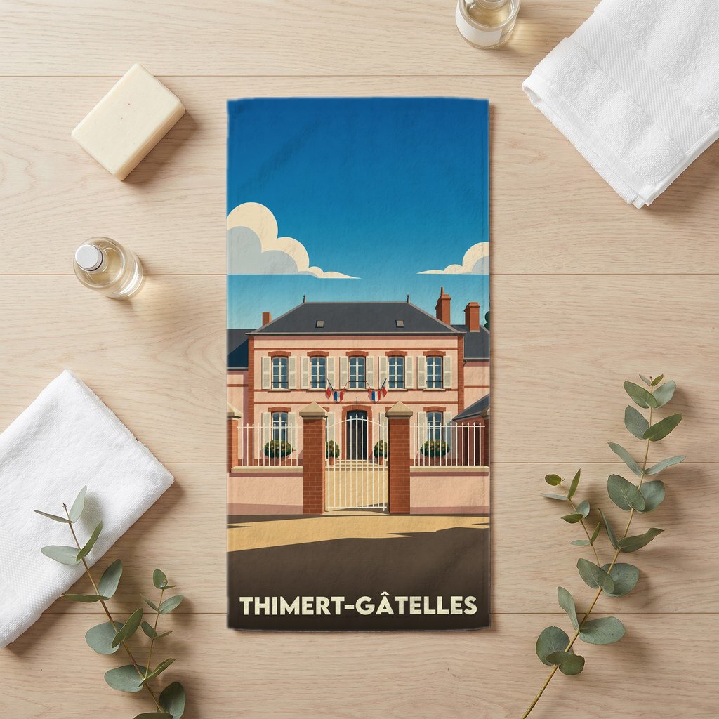 Serviette de bain souvenir de la ville de Thimert-Gâtelles avec une illustration stylisée de sa mairie.