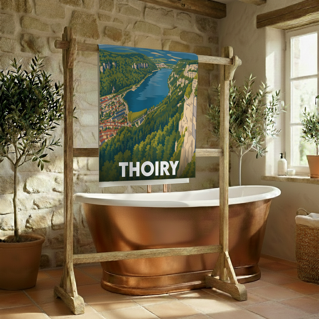 Serviette de bain souvenir de la ville de Thoiry avec une illustration stylisée d'un paysage panoramique.