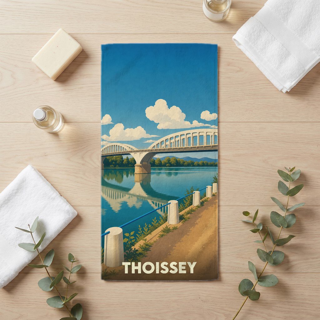 Serviette de bain souvenir de la ville de Thoissey illustrant son pont sur fond de paysage azuréen.