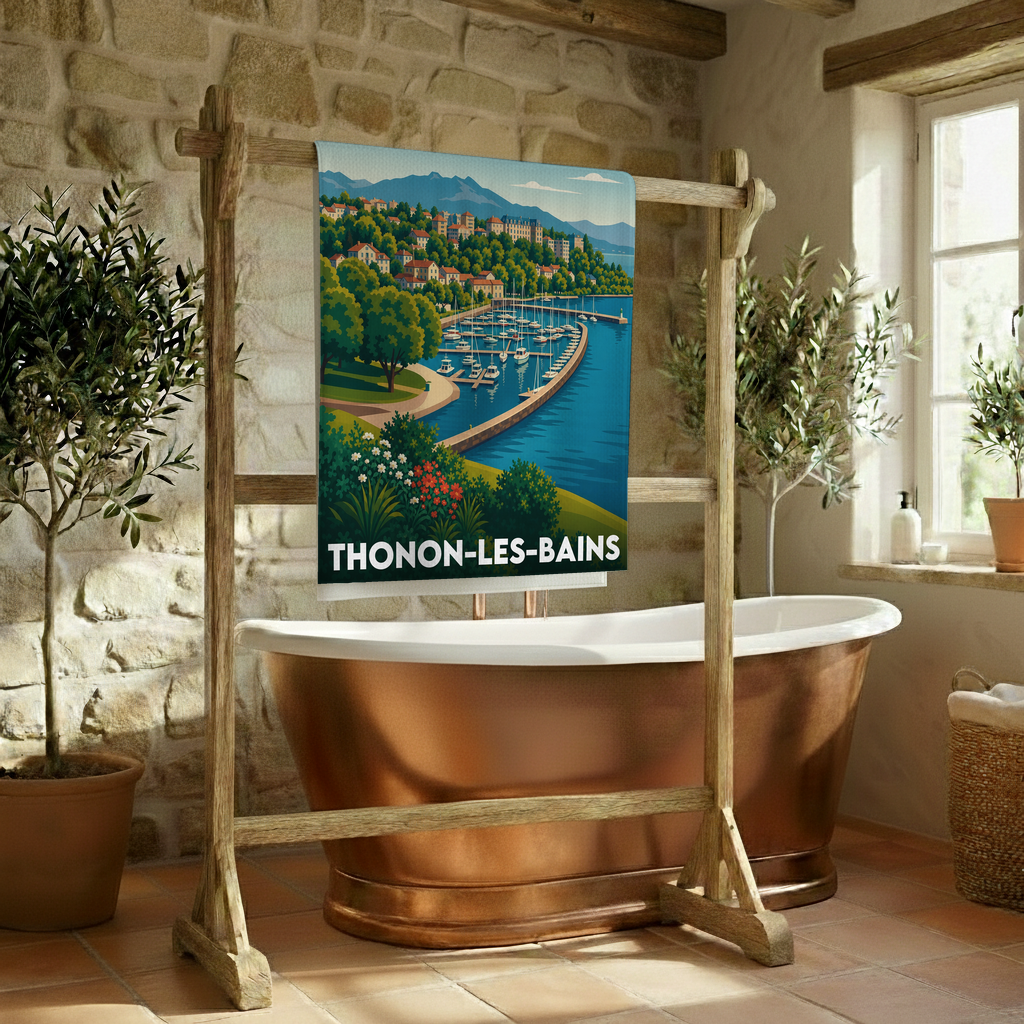 Serviette de bain souvenir de la ville de Thonon-les-Bains avec une illustration stylisée du port.