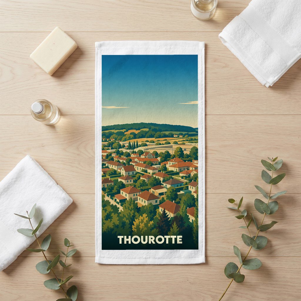 Serviette de bain souvenir de la ville de Thourotte avec une illustration stylisée.