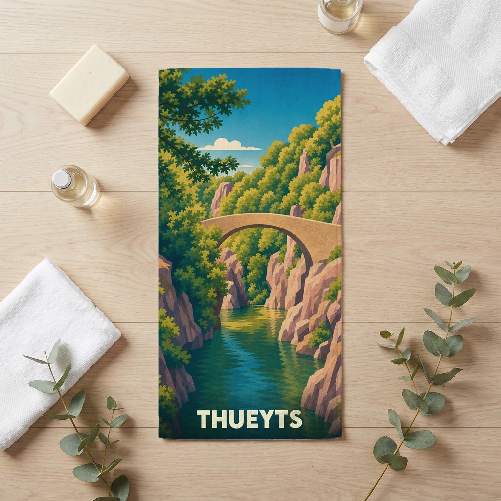 Serviette de bain souvenir de la ville de Thueyts avec une illustration stylisée d'un pont en pierre surplombant une rivière.