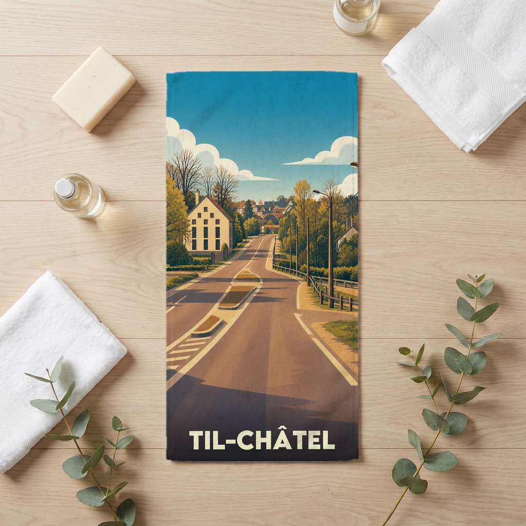 Serviette de bain souvenir de Til-Châtel avec une illustration stylisée représentant une route de campagne menant au village.