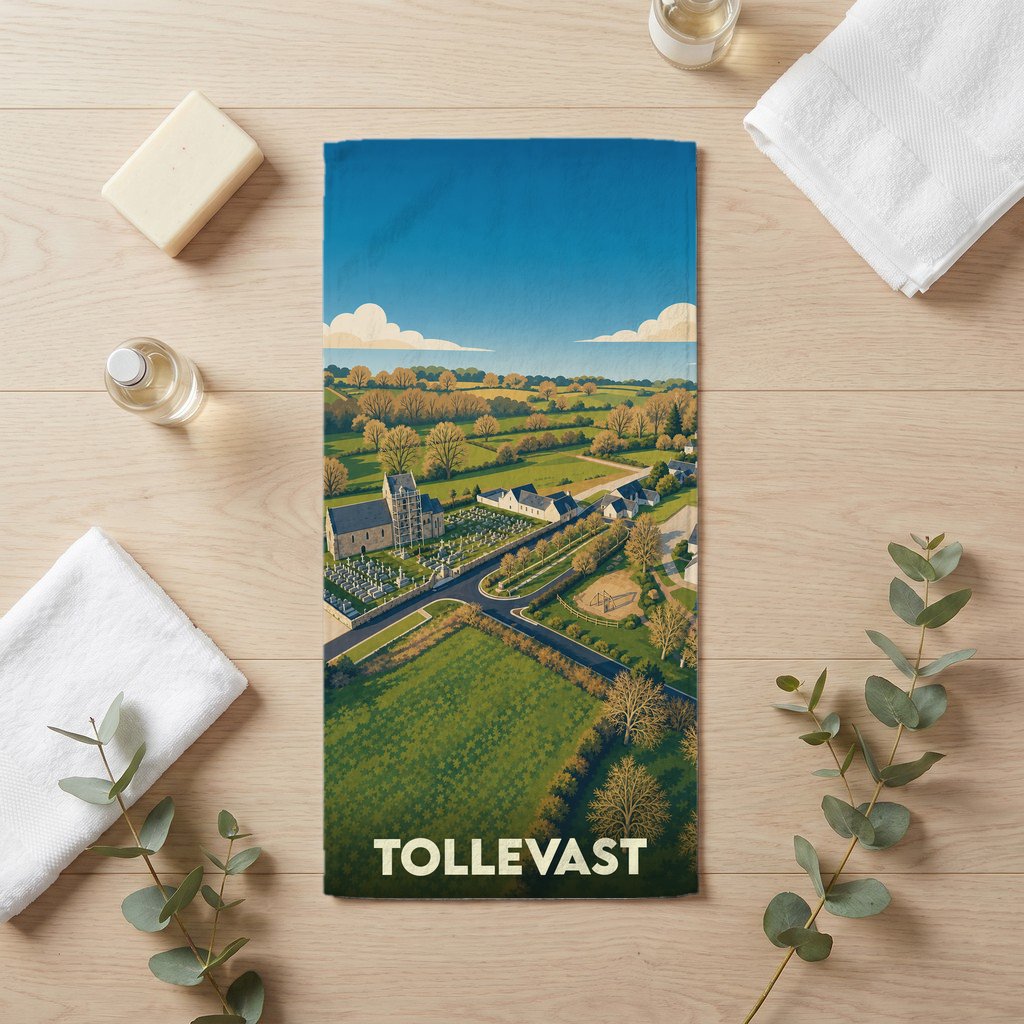 Serviette de bain souvenir de la ville de Tollevast avec une illustration paysagère stylisée.