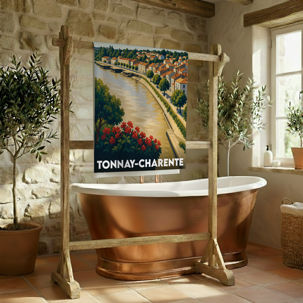 Serviette de bain souvenir de la ville de Tonnay-Charente avec une illustration stylisée des quais.