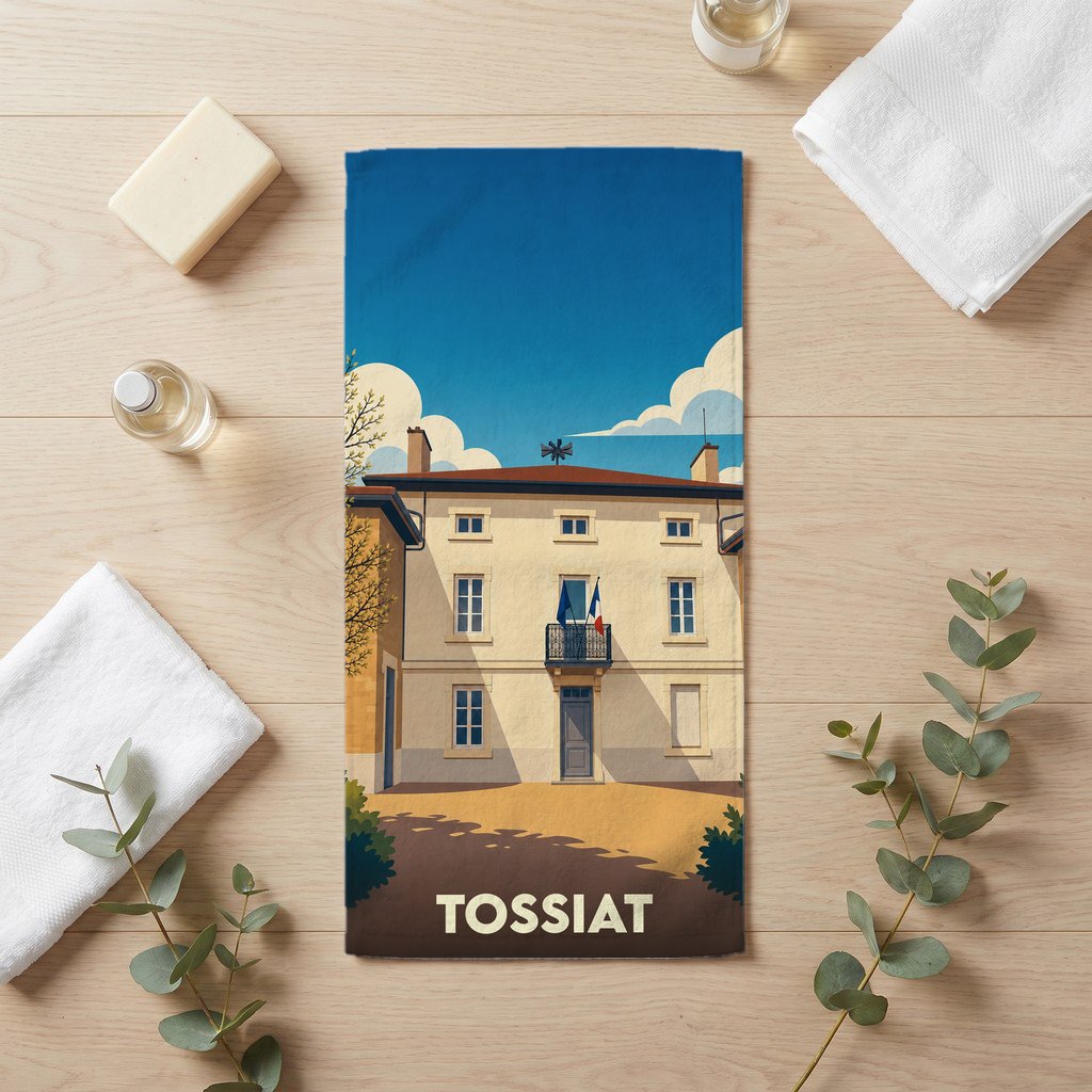 Serviette de bain souvenir de la ville de Tossiat avec une illustration stylisée.