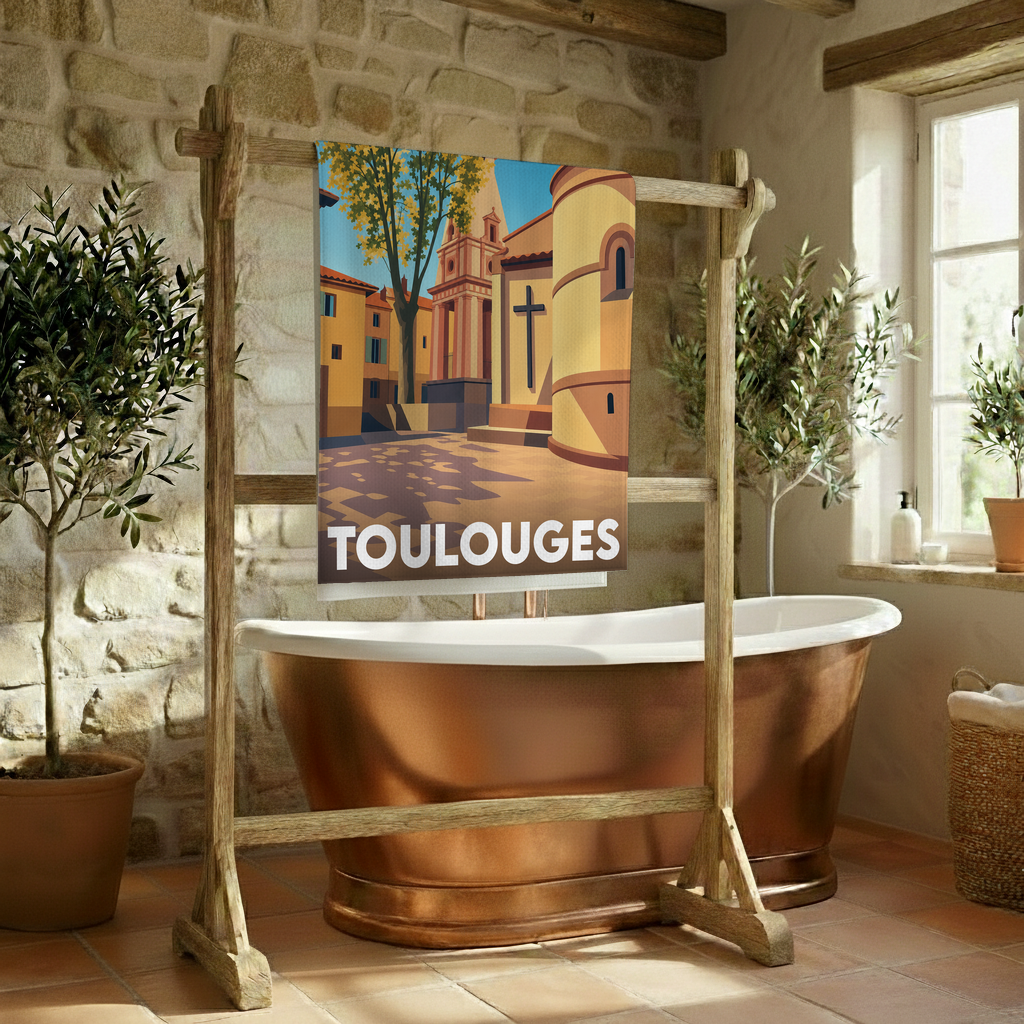 Serviette de bain souvenir de la ville de Toulouges avec une illustration stylisée.