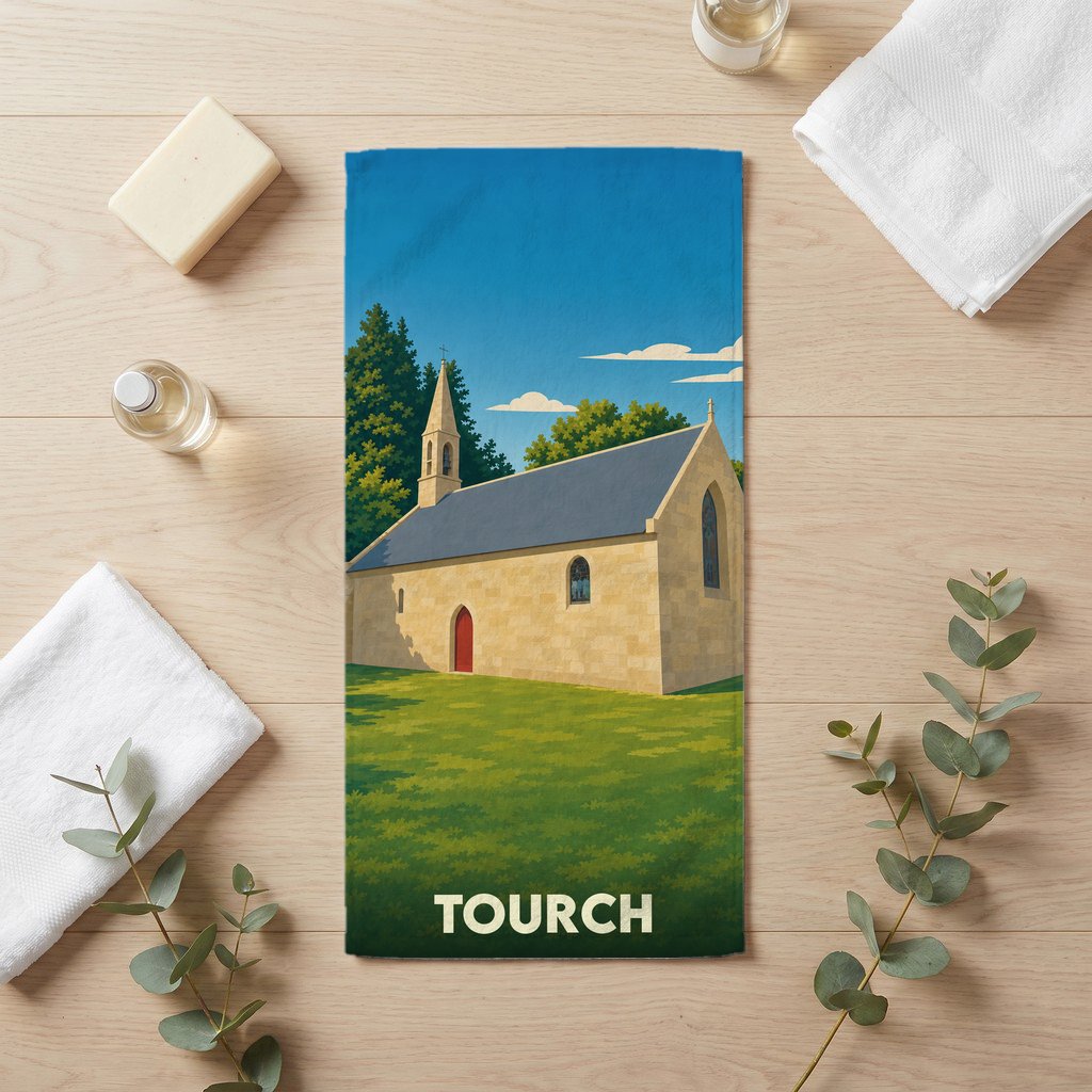 Serviette de bain souvenir de la ville de Tourch avec une illustration stylisée d'une église.