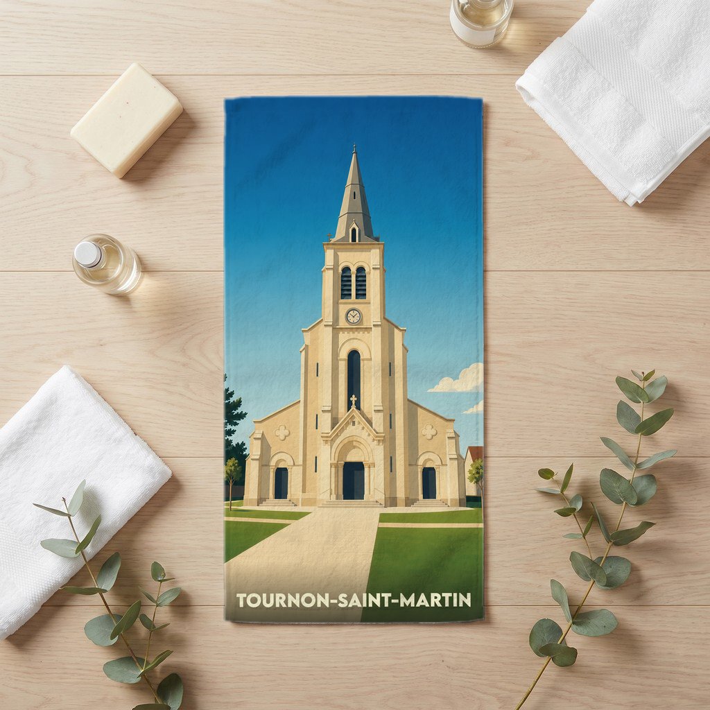 Serviette de bain souvenir de Tournon-Saint-Martin illustrée d'un dessin stylisé de son église.