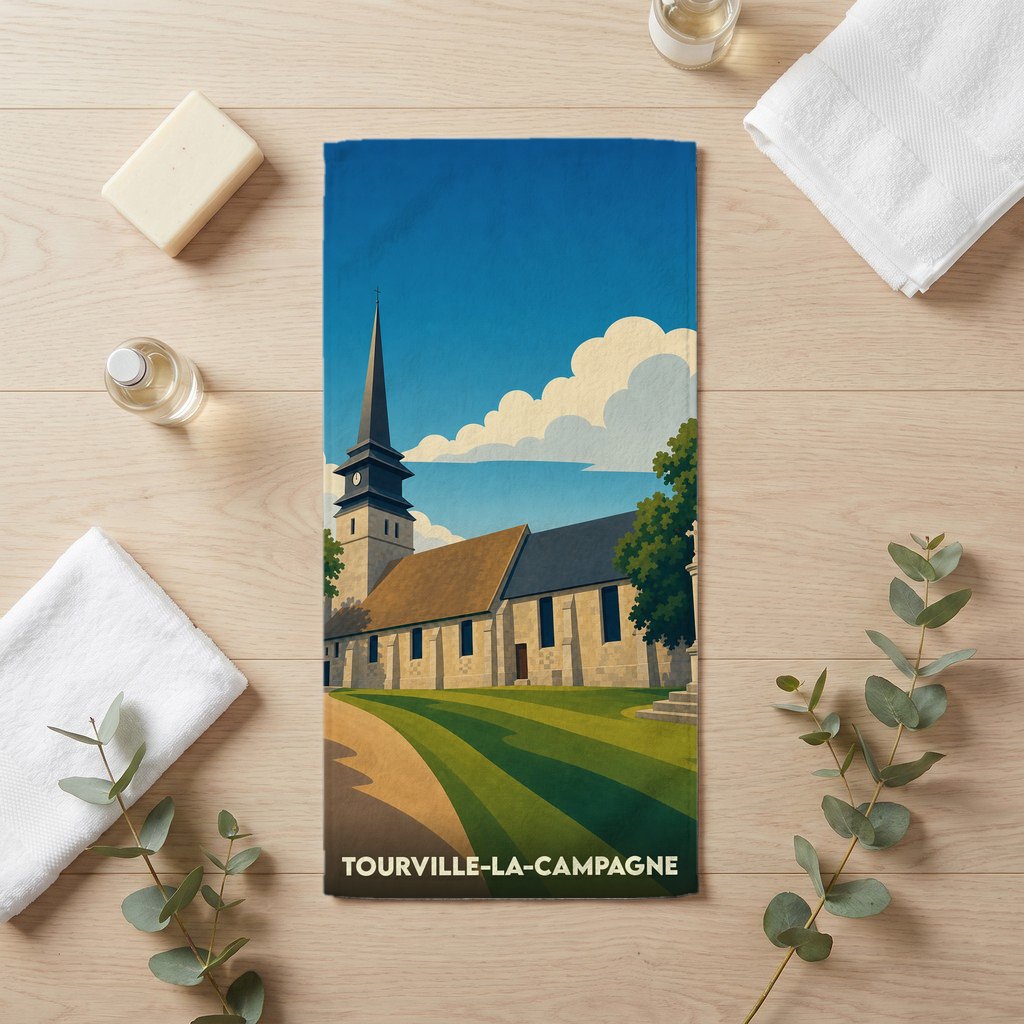 Serviette de bain souvenir de Tourville-la-Campagne avec une illustration stylisée de l'église locale.