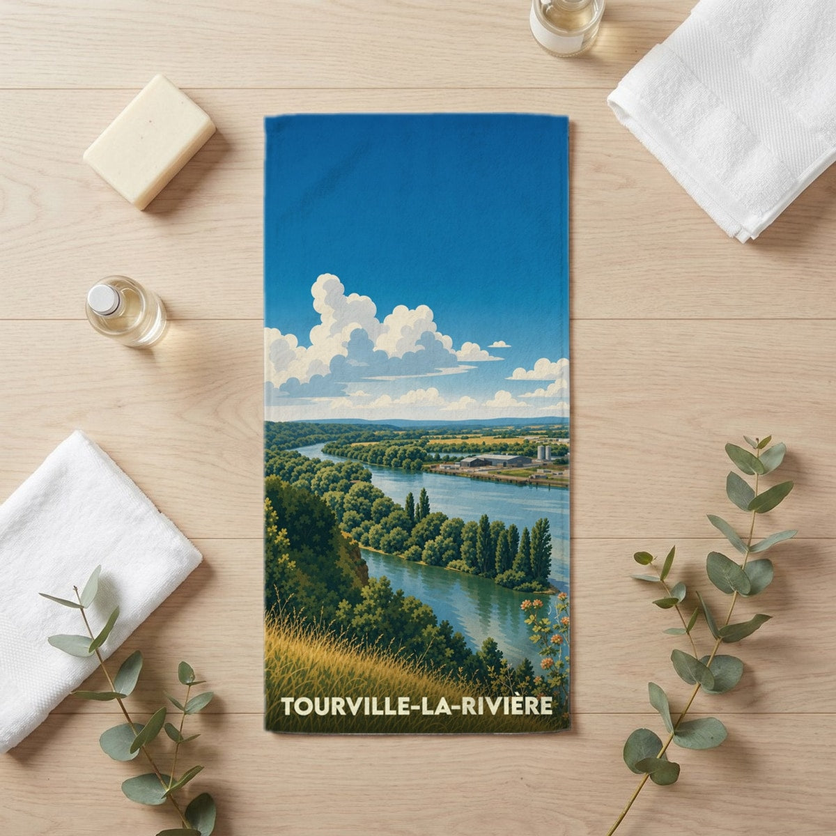 Serviette de bain 30 cm x 60 cm souvenir de Tourville-la-Rivière
