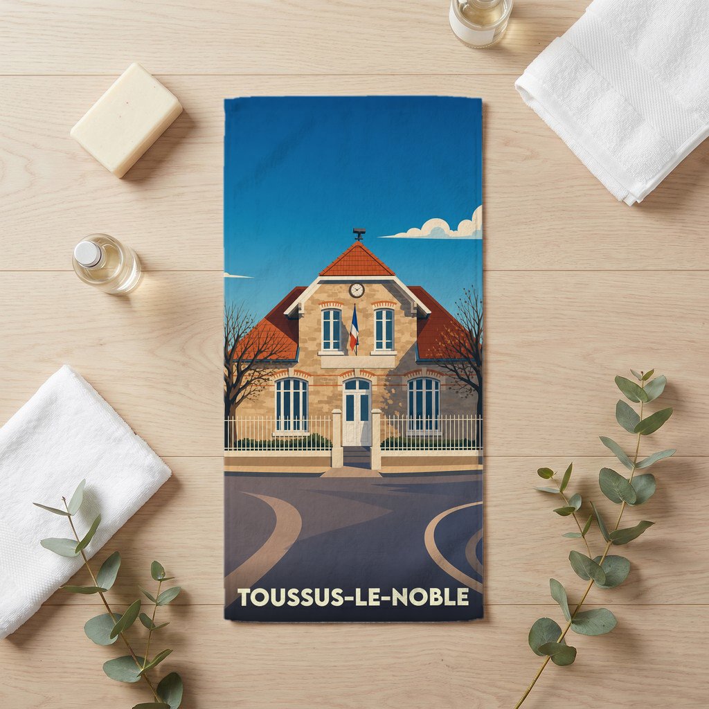 Serviette de bain souvenir de la ville de Toussus-le-Noble avec une illustration stylisée de sa mairie.