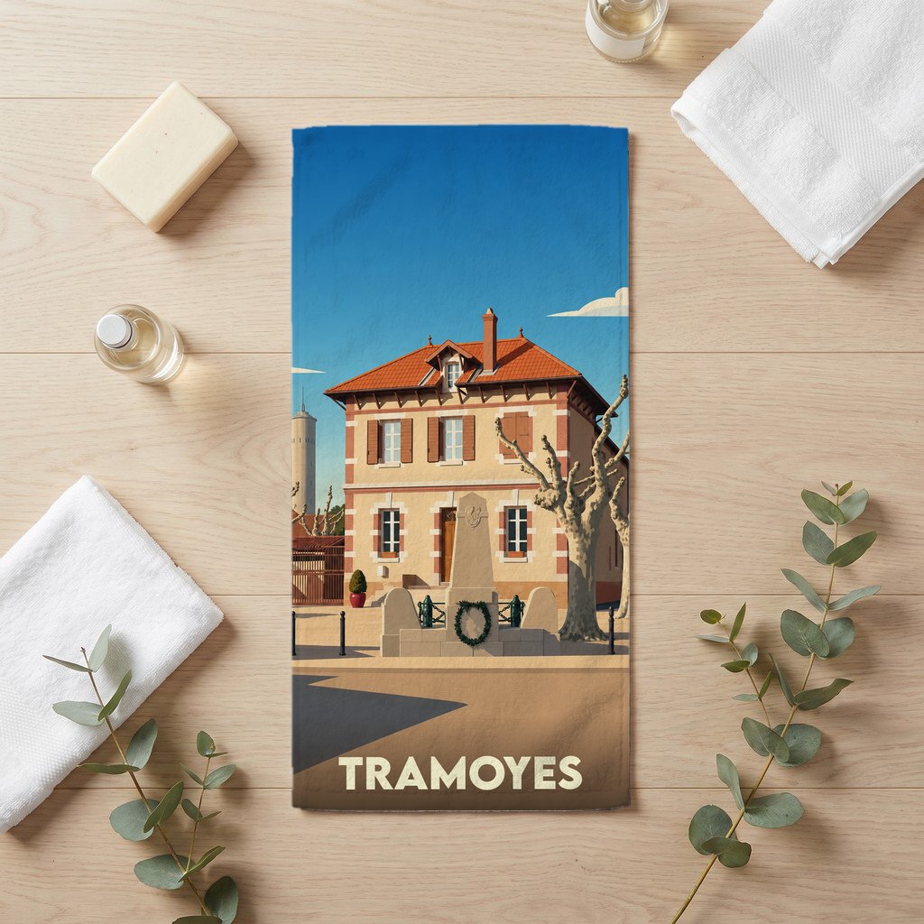 Serviette de bain souvenir de la ville de Tramoyes avec une illustration stylisée.