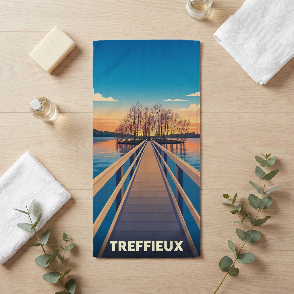 Serviette de bain souvenir de la ville de Treffieux avec une illustration stylisée d'un ponton sur un lac au coucher du soleil.